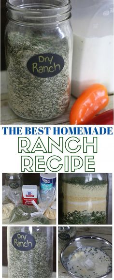 the best homemade ranch recipe in a glass jar with labels on it and pictures of different ingredients