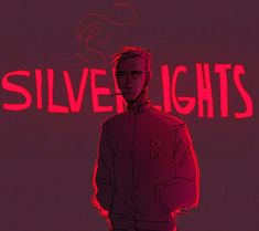 a man standing in front of a red neon sign that says silver lights on it