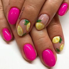 Summer Fruit Nail Art, Pink Lemon Nails, Pink Fruit Nails, Strawberry Lemonade Nails, Fruit Inspired Nails, Lemon Nails Designs, Pink Lemonade Nails