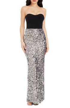 A strapless-bustier bodice and floor-grazing skirt illuminated with sequins makes this gown a stunning choice for your next formal event. A high back slit and a hint of stretch ease your every move in this figure-hugging design. 52" center front length (size Medium) Hidden back-zip closure Strapless Back slit Lined 95% polyester, 5% spandex Hand wash, dry flat Imported Strapless Bustier, Black Two Piece, Strapless Gown, Favorite Daughter, Dress The Population, Designer Clothes For Men, Modern Outfits, Move In, Autumn Fashion Women