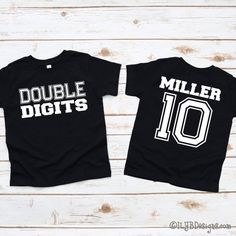 two shirts that say double digits and miller 10 on the front, one is black with white letters