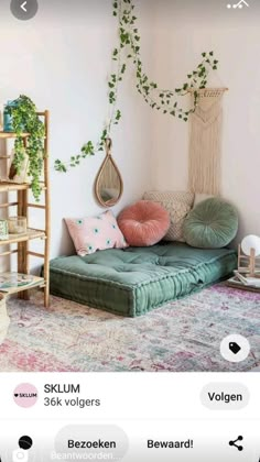 a living room filled with lots of furniture and plants on top of the wall next to a rug