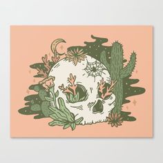 a drawing of a skull surrounded by cacti and succulents on an orange background