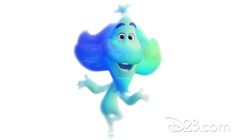 an animated blue and green cartoon character with stars on his head, jumping in the air