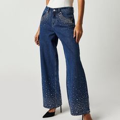 New W/O Price Tag Is An Overstock Outlet (Has Black Line Going Thru Cloth Label Name To Prevent Store Return) Authentic Milk It Jeans - Ziggy Embellished Jeans - Size 14; Measures Approx. 34" Waist, 43" Hips, 42" Length, 31" Inseam, 11.5" Rise -Sparkle And Shine With Every Wear In These Bejeweled Jeans From Milk It. Fit: Mid-Rise, Relaxed Wide-Leg Silhouette Features: Zip Fly And Button Closure, Five-Pocket Design, Semi-Rigid Denim, Rhinestone Embellishments Throughout Milk It With A Focus On Su Embellished Pants For Fall, Blue Sequined Wide Leg Bottoms, Wide Leg Bottoms With Rhinestones For Spring, Wide-leg Rhinestone Bottoms For Spring, Spring Wide-leg Bottoms With Rhinestones, Trendy Rhinestone Bottoms For Fall, Fall Embellished Straight Leg Bottoms, Embellished Blue Bottoms For Night Out, Straight Leg Denim Sequined Bottoms