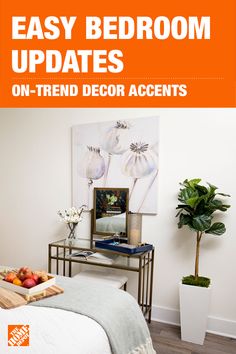 an orange and white bedroom with text overlay that reads easy bedroom updates on - trend decor accents