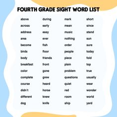 the fourth grade sight word list is shown in blue and yellow with white writing on it