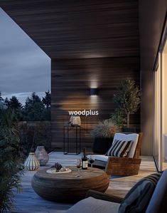 an outdoor living area with furniture and lights