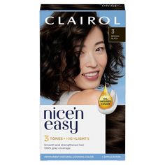 Discover the secret to natural-looking color with Clairol's Nice 'n Easy, a permanent hair color that smooths as it strengthens and leaves you saying ''It's so me!''. The oil infused formula helps neutralize impurities and provides a custom blend of 3 tones and highlights for multi-dimensional color and 100% gray coverage. You’re just a MIX, DYE, DRY away from sealed-in color and up to 8 weeks of incredible color and shine! Keep color changes Nice ‘n Easy with Clairol. Simply mix the color cream Removing Black Hair Dye, Brown Black Hair Color, Brown Black Hair, How To Dye Hair At Home, Liquid Hair, Black Hair Dye, Brown Hair Dye, Hair Color Cream, Black Hair Color