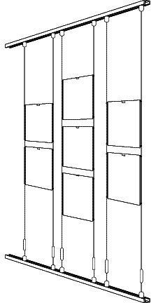 a drawing of a closet with three doors and two shelves on each side, one door open