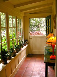 the sun shines through two large windows into a room filled with potted plants