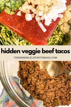 the ingredients for this vegetable beef taco salad are shown