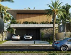 two cars are parked in front of a house with palm trees and landscaping around it