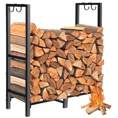 a firewood rack with logs in front of it