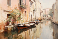 a painting of a boat in the water next to buildings and flowers on either side