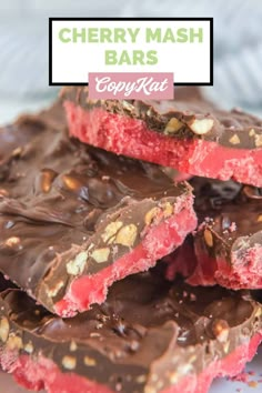 chocolate and raspberry cherry mash bars stacked on top of each other with text overlay