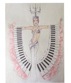 a drawing of a woman wearing a costume with piano keys