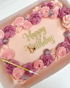 a birthday cake decorated with pink flowers and the words happy birthday written in gold on top