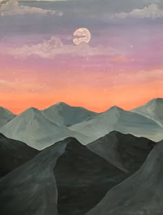 a painting of mountains with the moon in the sky