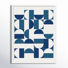 a blue and white abstract art print with circles on the bottom, against a white background