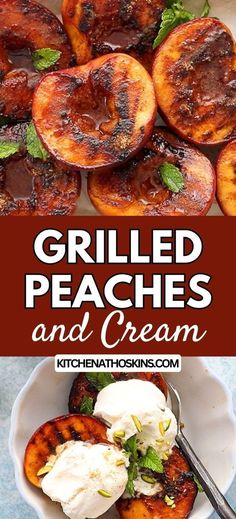 grilled peaches and cream in a white bowl