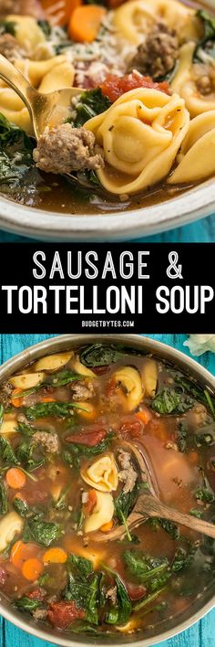 sausage and tortellini soup with spinach in a white bowl