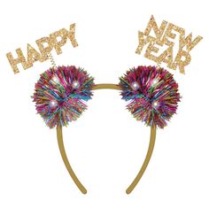 You'll make quite an appearance at a New Year's Eve party with this fun accessory! Featuring colorful pom-poms that light up with the words, "Happy" and "New Year", this headband is a flashy addition to your party attire. Grab some photo props for a group photo at midnight on this website! Plastic 4 1/2" x 5 1/4" headband with 4 1/4" - 5" tinsel boppers. Includes batteries. New Years Headbands, New Years Headband, New Year Headband, Whimsical Hair, Pom Pom Headband, Diy Balloon Decorations, Party Attire, Halloween Costume Shop, Halloween Store