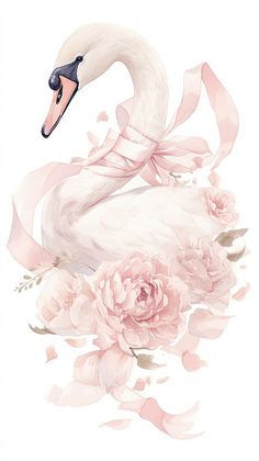 a white swan with pink flowers and ribbon around its neck, on a white background