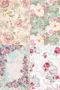 four different papers with flowers and birds on them, one has a birdcage