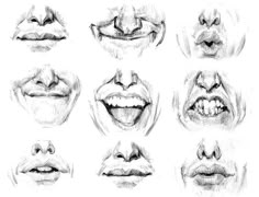 a bunch of different expressions drawn in pencil on paper, each with an individual's mouth