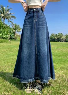 A Line Jean Skirt, Denim Skirts Long, Blue Non-stretch Mid-rise Skirt, Non-stretch Mid-rise Denim Blue Skirt, Non-stretch Mid-rise Blue Skirt, Casual Blue Long Denim Skirt, Non-stretch Denim Blue Straight Leg Skirt, Non-stretch High Rise Blue Denim Skirt, Blue Long Denim Skirt For Fall