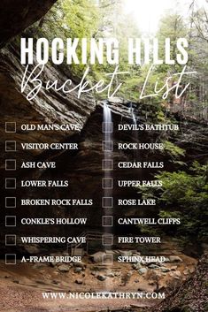 a poster with the words hocking hills bucket list