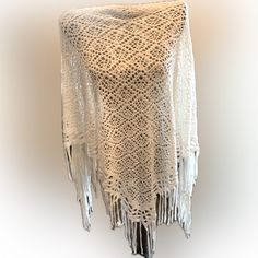 Beautiful Ivory Woven Poncho, Nwot, One Size White Shawl For Beach In Spring, One-size White Shawl For Summer, White Fringed Shawl For Winter, White Fringed Winter Shawl, Casual White Shawl Poncho, White Fringe Shawl For Winter, Casual White Poncho Shawl, White Bohemian Shawl For Spring, White Bohemian Winter Shawl