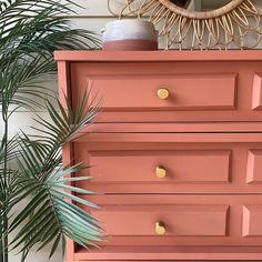 a pink dresser with gold knobs next to a potted plant