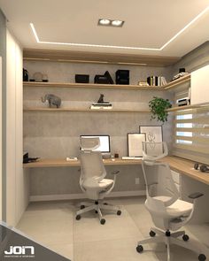 an office with white chairs and shelves filled with books, papers and other items on the desk