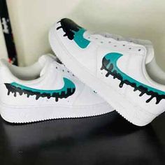 ad eBay - Nike Air Force 1 Custom Hand Painted White Shoes Teal Blue & Black Drip Swooshes - Buy Now, click the link (eBay) Nike Shoes Women Fashion, Custom Sneakers Diy, Nike Air Force 1 Custom, Custom Af1, Custom Shoes Diy, Air Force 1s, Custom Nike Shoes, Air Force 1 Custom, Custom Air Force 1