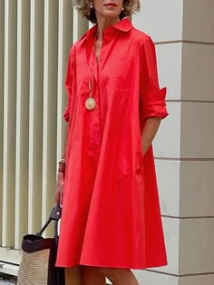 Mode Over 50, Office Party Dress, Loose Shirt Dress, Dress Sleeve Length, Collared Shirt Dress, Casual Long Sleeve Shirts, Shirt Dress Casual, Loose Outfit, Long Shirt Dress