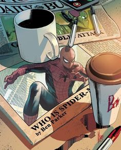 the spider - man is sitting next to a cup of coffee and some newspapers