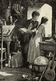 an old man and woman standing in front of a table with musical instruments on it