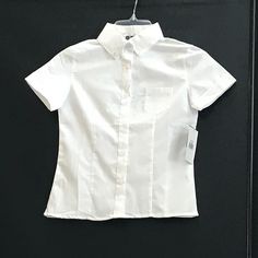 Wrinkle Free Fabric This Is Never Been Worn Classic Fitted Shirt For School, Classic School Tops, White Short Sleeve Tops With Buttons, Shirt With Button Closure For School In Spring, Fitted Button-up Shirt For School, Fitted Cotton Shirt For School, Classic Fitted Blouse For School, Fitted Classic Blouse For School, Fitted Short Sleeve Top For School