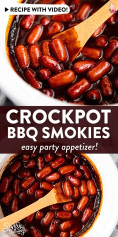 crockpot bbq smokies recipe in a white bowl with wooden spoon