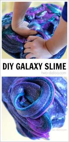 two pictures with the words borax - free galaxy slime on them and an image