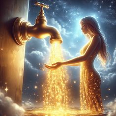 a woman standing next to a water faucet in the sky with stars on it