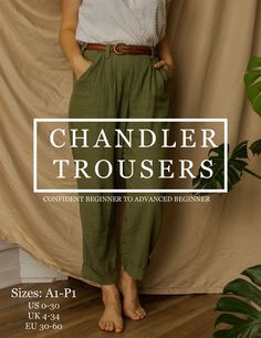 a woman standing in front of a curtain with the words chandler trousers