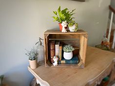 a wooden shelf with books and plants on it