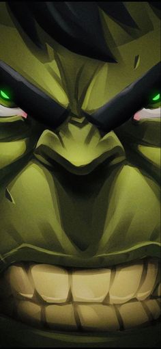 an evil looking face with green eyes