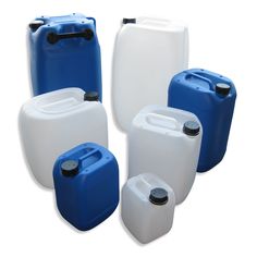 five gallon jugs with black lids are lined up against a white background, one is blue and the other is white