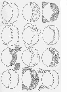 a bunch of different shapes and sizes of hair on a white paper with black ink