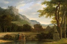 a painting of people standing in front of a castle on a hill near a river