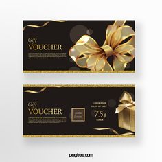 two black and gold gift voucher cards with golden ribbon and bow on the front